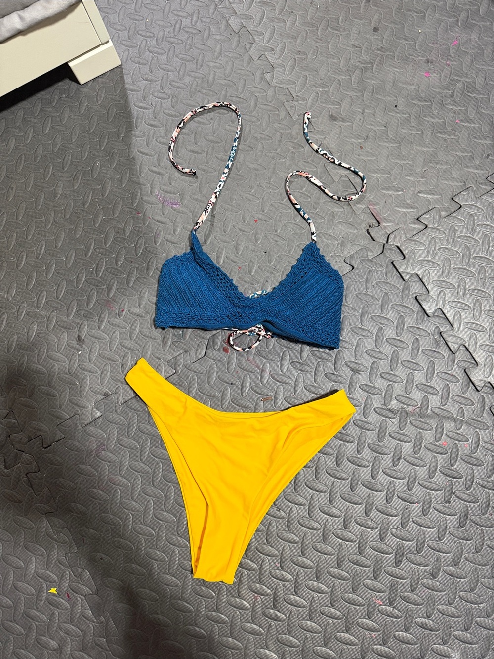 Blue Knit Bikini Top with Bright Yellow Bikini Bottom